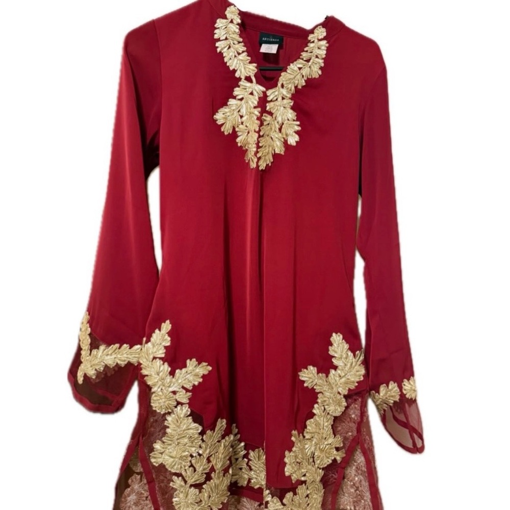 Embroidered Red Women's Tunic Top with Gold Applique